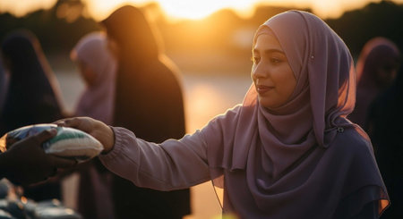 Muslim woman with hijab holding mobile phone at sunset. Muslim woman using mobile phone.