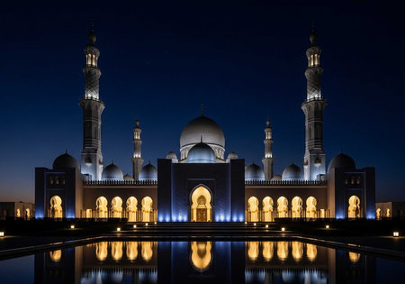 Sheikh Zayed Grand Mosque at night, Abu Dhabi, United Arab Emiratesの写真素材
