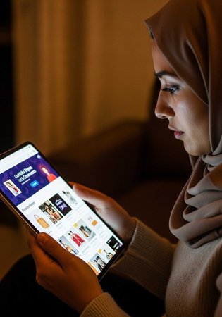 Muslim woman using tablet pc at home in the living room at night