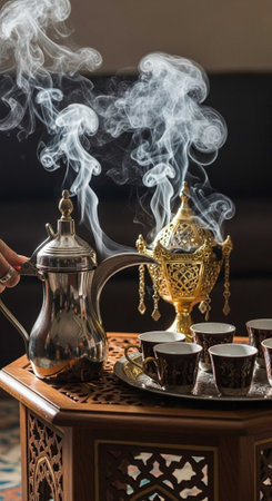 Arabic coffee set with teapot and two cups of coffee