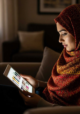 Young muslim woman in red headscarf using tablet at homeの写真素材