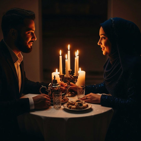 Beautiful Muslim Couple Celebrating Ramadan Kareem at Home.の写真素材