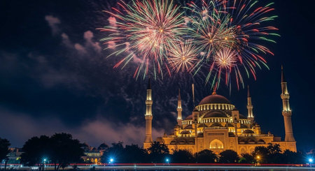 Suleymaniye Mosque and fireworks in Istanbul, Turkey.の写真素材