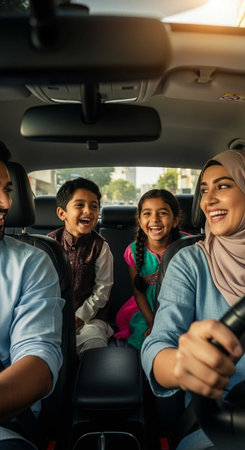 happy muslim family driving car and looking at camera while sitting on driver seatの写真素材