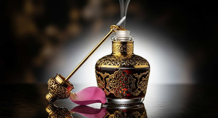 Perfume bottle with rose petals on a dark background.