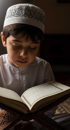 Muslim boy reading holy quran in mosque during eid mubarak