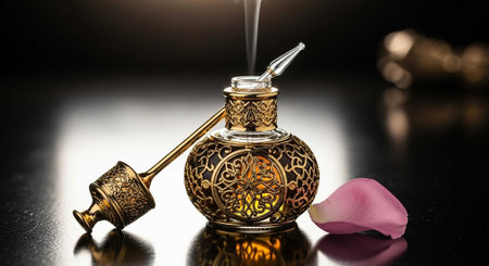 Perfume bottle with rose petals on a black background.