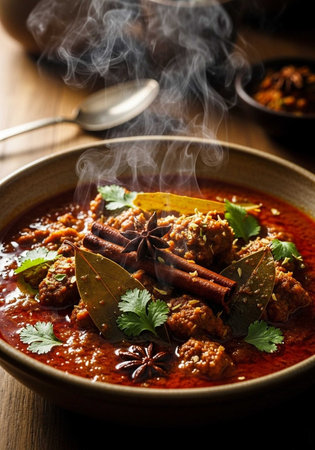 Spicy Chicken Curry with Spices and Cinnamon in a Bowl.の写真素材