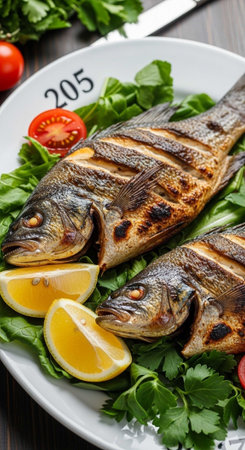 Grilled fish with lemon and vegetables on wooden table, closeup