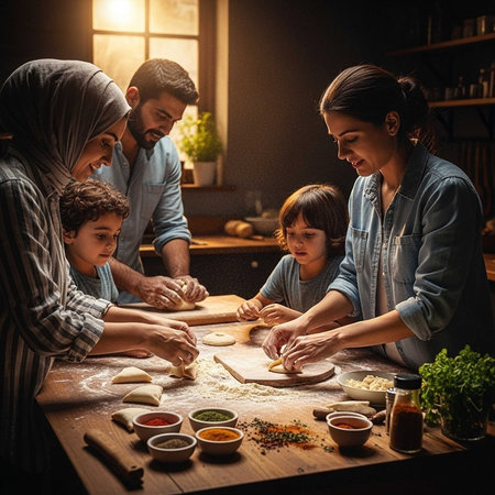 Happy family cooking together at home. Mother, father and their children are preparing pizza.