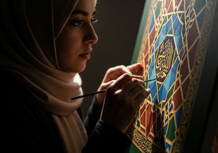 Muslim woman paints the picture with oil paints.