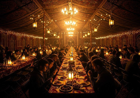 Unidentified people pray at the prayer hall in Dhaba temple in Dubai, United Arab Emiratesの写真素材