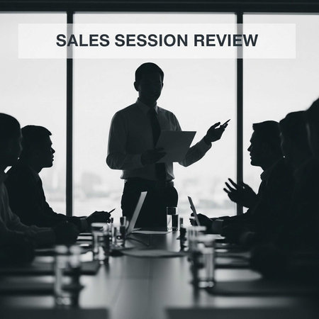 Black and white photo of a business meeting with a team reviewing sales. A man stands presenting...