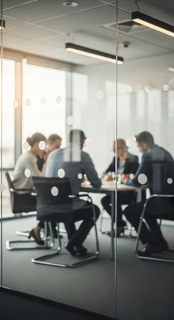 A group of professionals in a meeting room, seen through a glass wall, discussing in a contemporary...