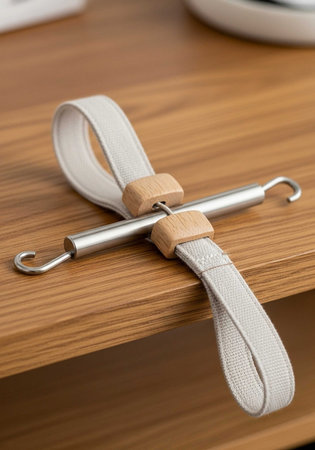 Close up view of a pair of hooks on a wooden table.の写真素材