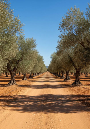 Olive grove with rows of olives in Alentejo, Portugalの写真素材