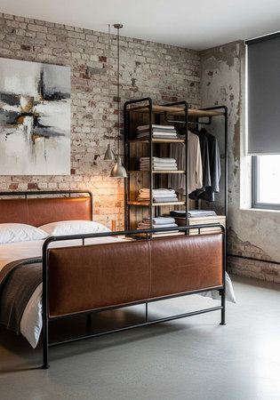 Interior of a modern bedroom in loft style. Nobody inside.の写真素材