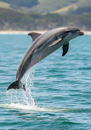Dolphins jumping out of the water on a sunny dayの写真素材