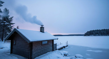 Beautiful winter landscape with wooden house on frozen lake in Finland.の写真素材