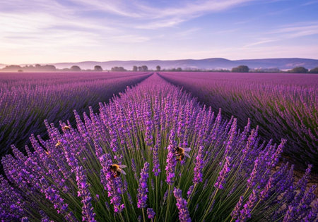 Lavender field at sunset in Provence, France.の写真素材