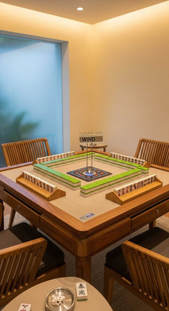 Interior of a hotel lobby with a wooden table and chairs.の写真素材