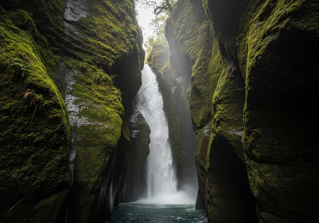 Beautiful waterfalls in the rainforest of Madeira Island, Portugalの写真素材
