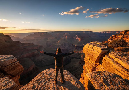 Tourist at sunset in Grand Canyon National Park, Arizona, USAの写真素材