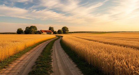 Country road through wheat field at sunset. Rural landscape in Poland.の写真素材