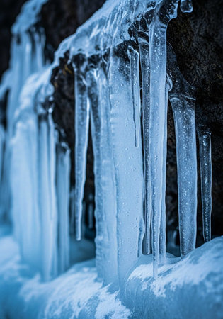 icicles on the rock in winter, Baikal, Siberia, Russiaの写真素材