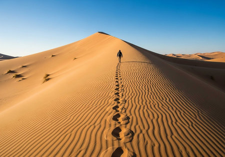 Silhouette of a man walking on sand dunes in the desertの写真素材
