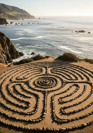 Round maze on the beach in Asturias, northern Spain.の写真素材