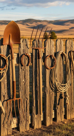 Gardening tools on a fence in the countryside of California.の写真素材