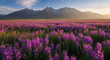 Beautiful alpine meadow with blooming lupine flowers at sunset.の写真素材
