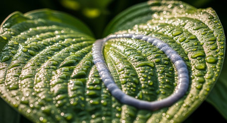 Water drops on green hosta leaf. Close-up macro photographyの写真素材
