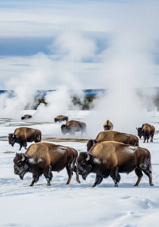 Group of bison in Yellowstone National Park, Wyoming, USA.の写真素材