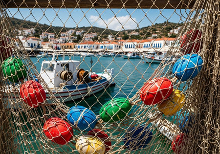 Fishing nets and boats in the port of Korcula, Croatiaの写真素材