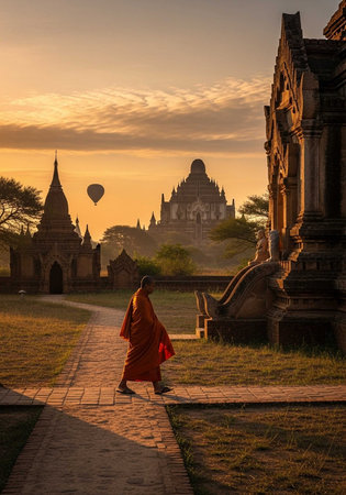 Buddhist monk walking in front of pagoda in Bagan, Myanmarの写真素材