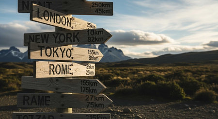 Wooden signpost with the name of the cities.