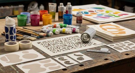 Paint brushes and watercolor paints on a wooden table in a workshopの写真素材
