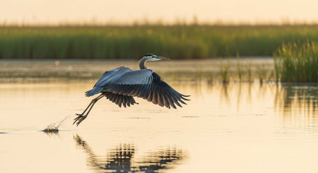 Great Blue Heron (Ardea herodias) in flight at sunsetの写真素材