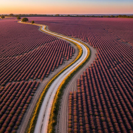 Aerial view of blooming lavender field in the evening.