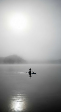 Silhouette of a man rowing on a lake in the fog