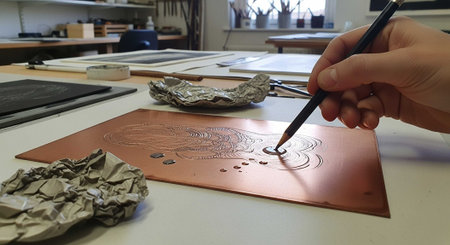 The artist draws a picture on the table in the workshop. Close-up