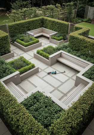 Outdoor garden in the morning, top view of garden furniture.