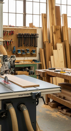 Carpenter working on a woodworking machine in a carpentry workshop