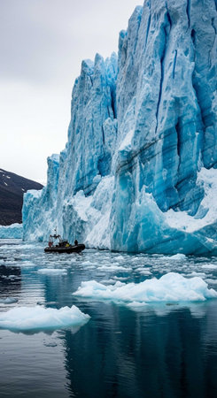 Antarctic landscape with icebergs and ice floes in the foreground
