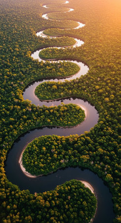 Aerial view of river in the middle of the forest at sunsetの写真素材