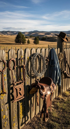 Old ranch fence with saddle, rope and horseshoes in Californiaの写真素材