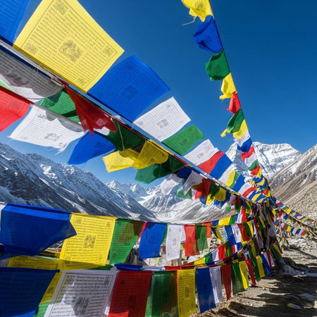 Tibetan prayer flags waving in the wind in Himalayas