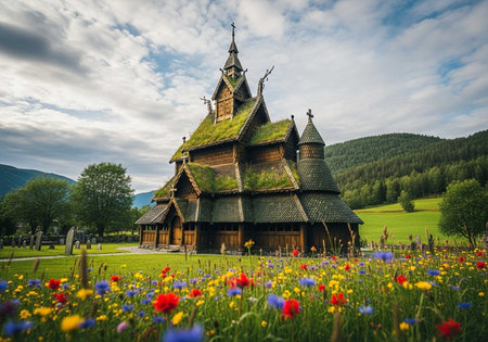 Old wooden church in the middle of a meadow with wildflowersの写真素材